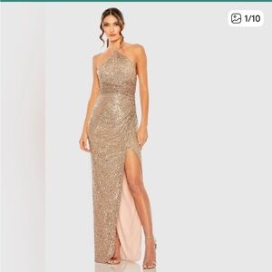New Mac Duggal 27128 Gold Halter Neck Ruched Side Front Slit Sequin Gown -Size 6